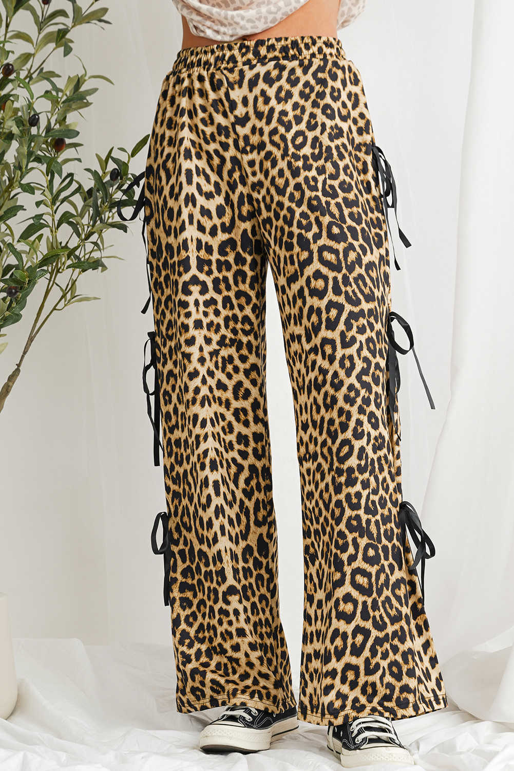 Brown Leopard Print Bow Tie Elastic Waistband Loose High Waist Pants