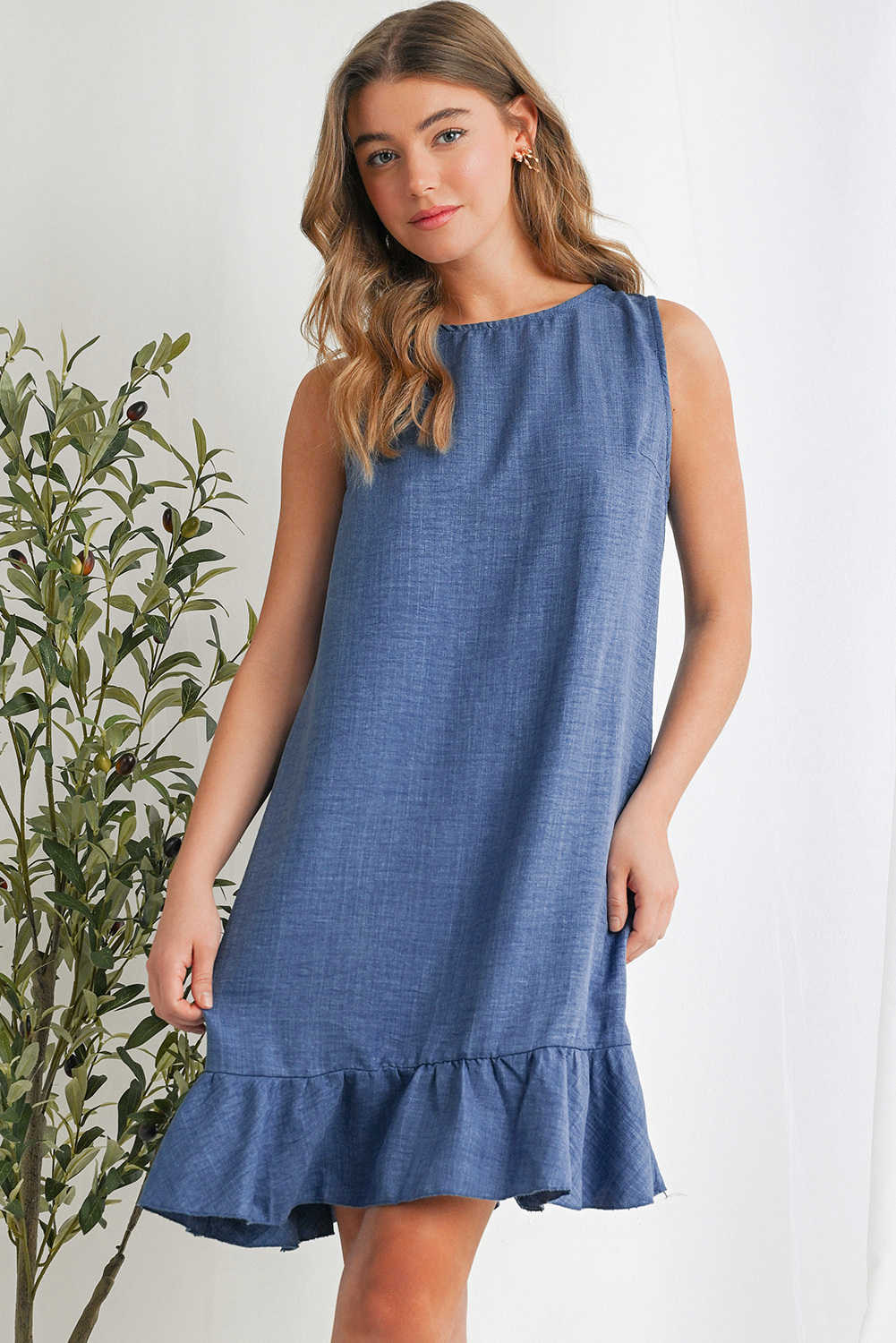 Ashleigh Blue Knot Scoop Back Ruffle Hem Sleeveless Mini Dress