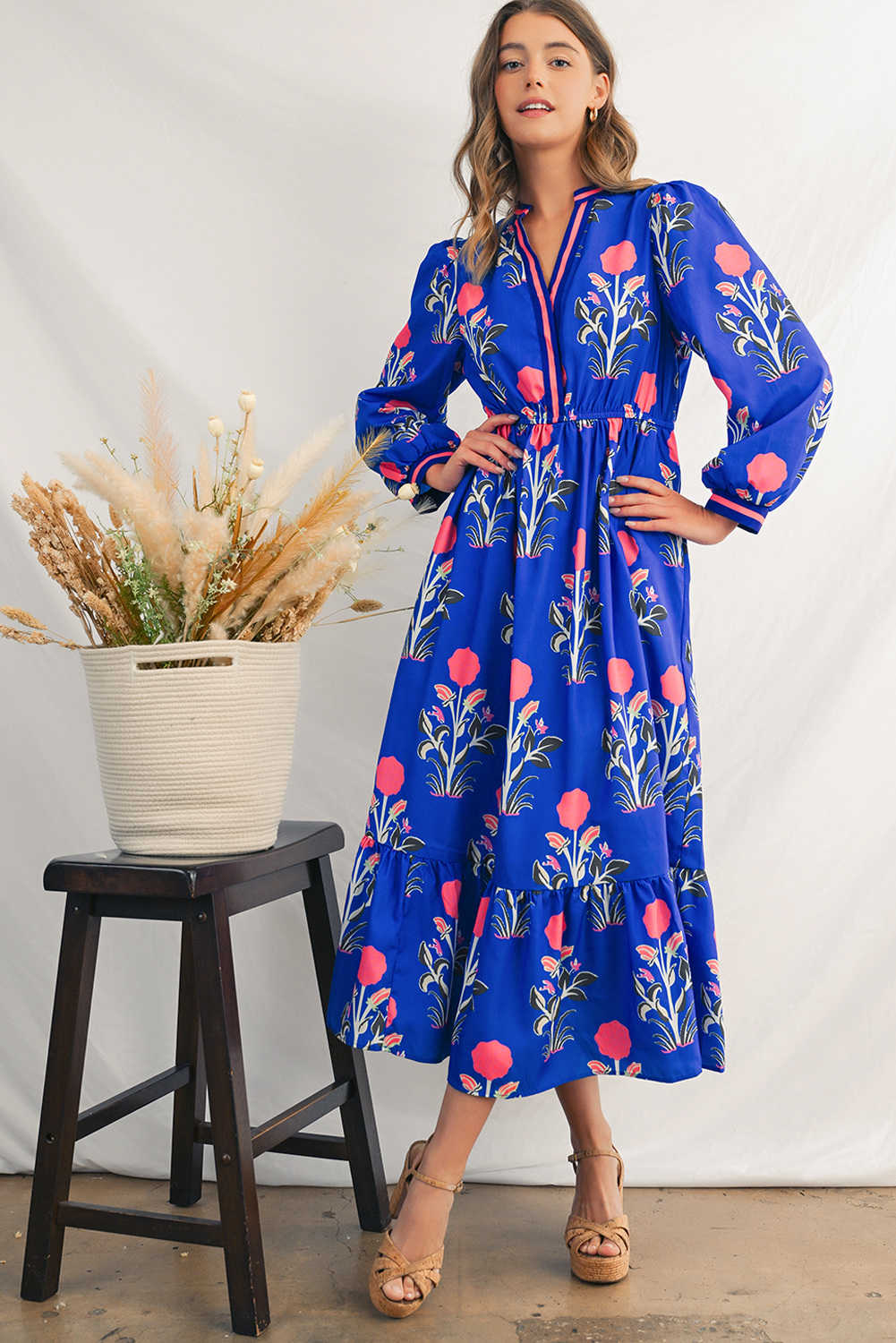 Blue Floral Print Striped Trim Split Neck Long Sleeve Ruffle Hem Midi Dress