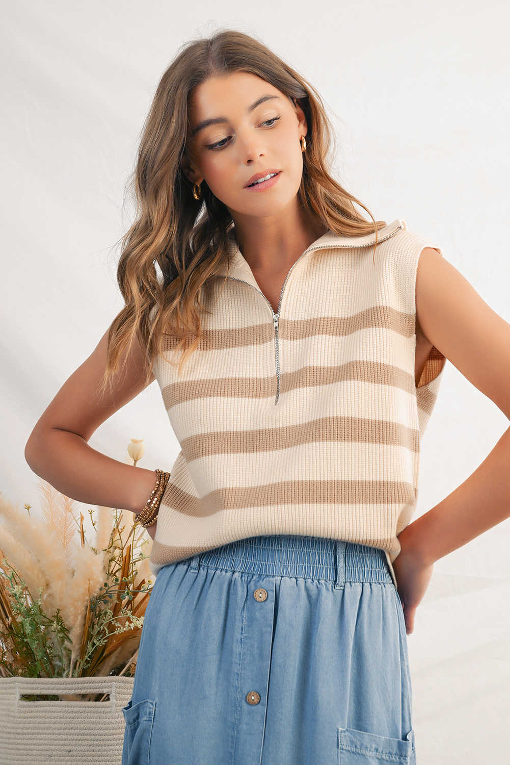 Khaki Stripe Ribbed Half Zip Collared Sweater Vest