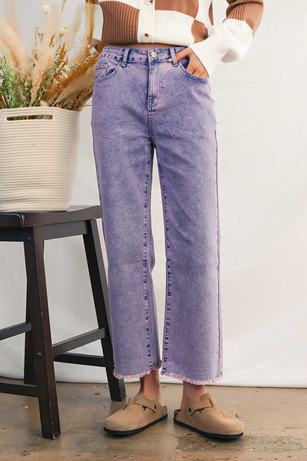 Orchid Petal Vintage Wash Frayed Hem Ankle-length Jeans