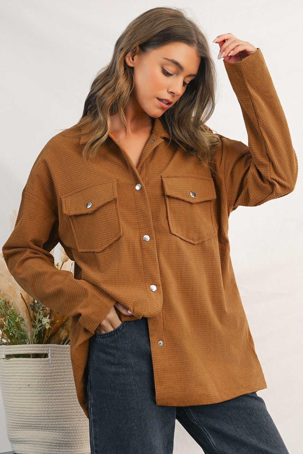 Brown Textured Flap Pocket Drop Shoulder Shacket