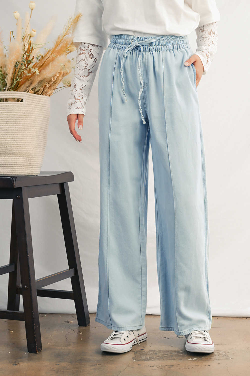 Beau Blue Light Wash Contrast Trim Center Seam Drawstring Elastic Waistband Wide Leg Denim Pants