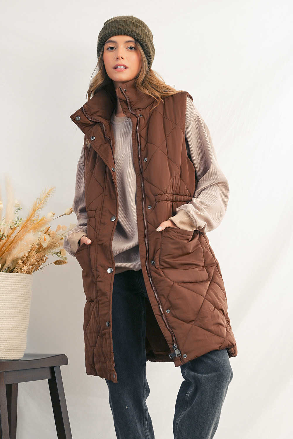 Coffee Longline Quilted Stand Collar Puffer Vest