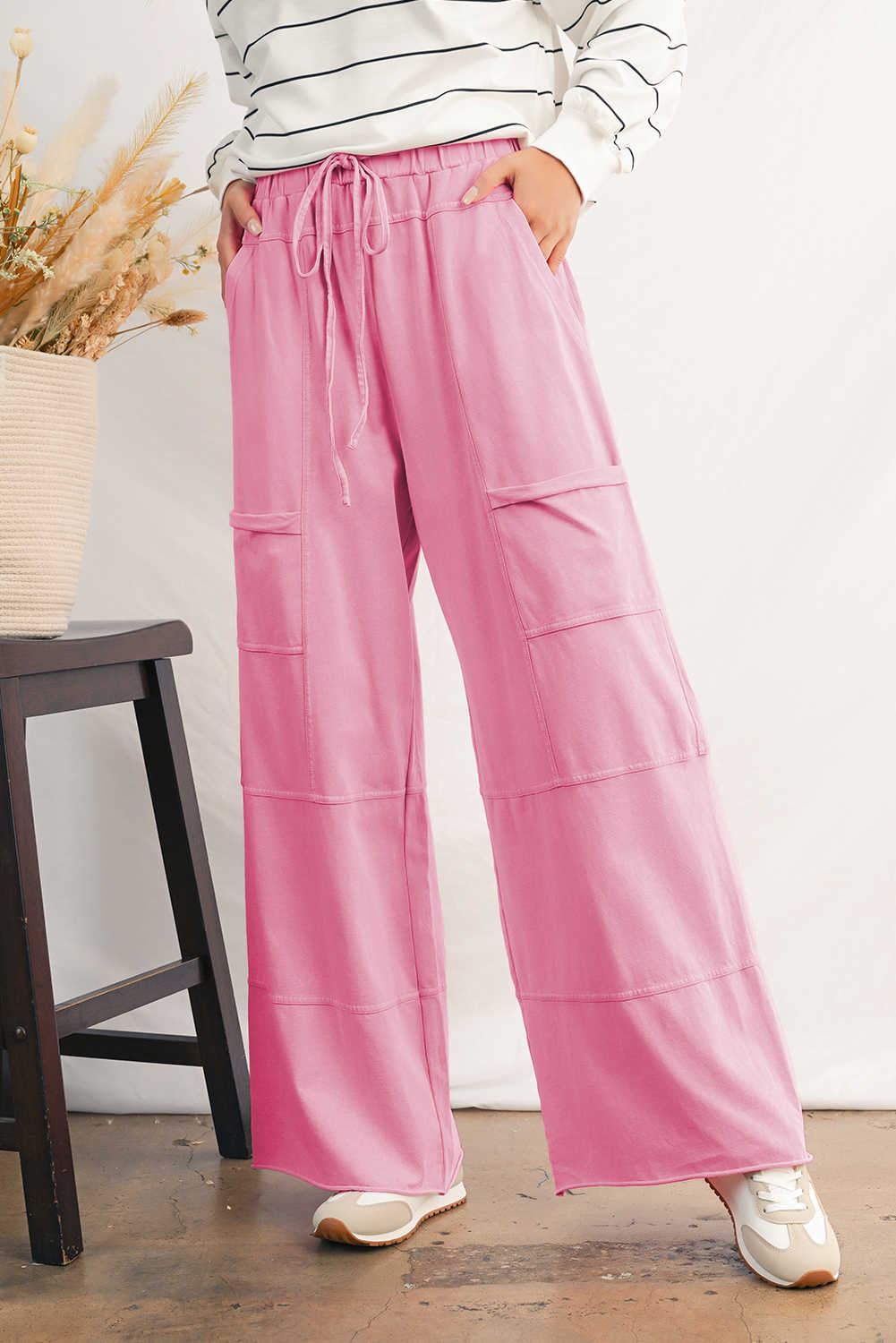 Bonbon Mineral Wash Exposed Seam Drawstring Elastic Waistband Wide Leg Cargo Pants