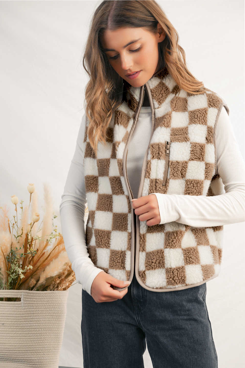Khaki Checkered Sherpa Collared Jacket Vest