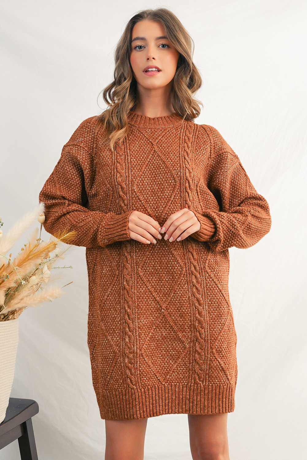 Coffee Cable Knit Drop Shoulder Loose Fit Sweater Dress