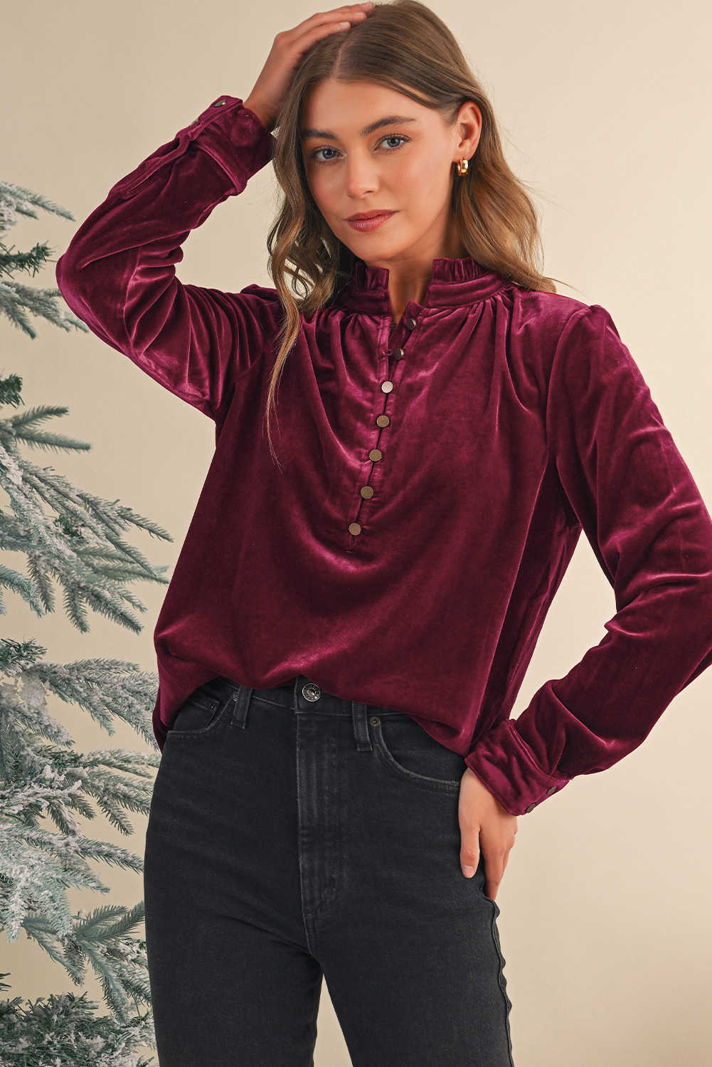 Burgundy Frilled Neck Buttoned Front Velvet Top