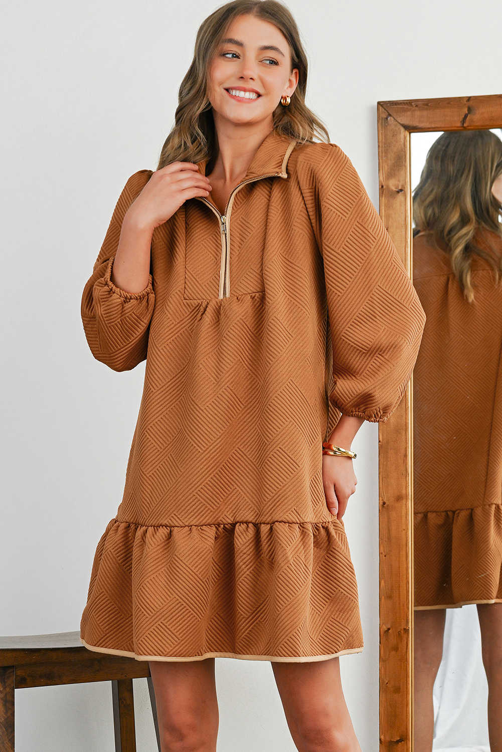 Desert Gold  Quarter Zip Collar Bracelet Sleeve Textured Mini Dress