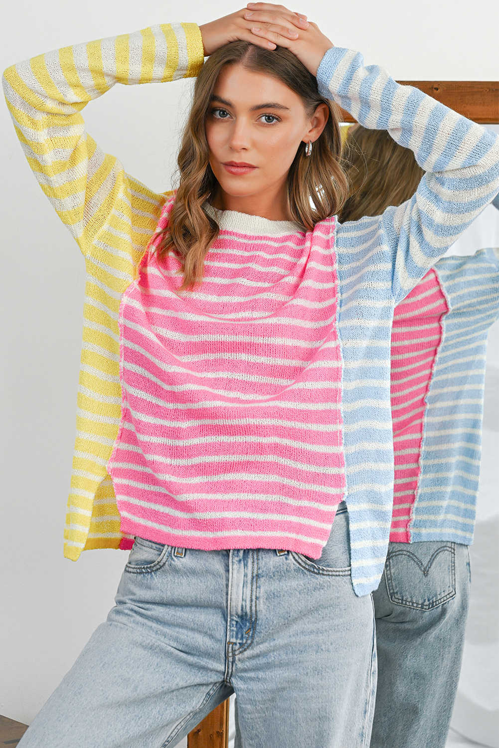 Multicolour Color Block Striped Patchwork Dolman Sleeve Slit Sweater