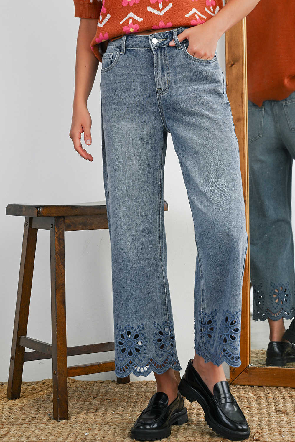 Dusk Blue Embroidered Cropped Wide Leg High Waist Jeans