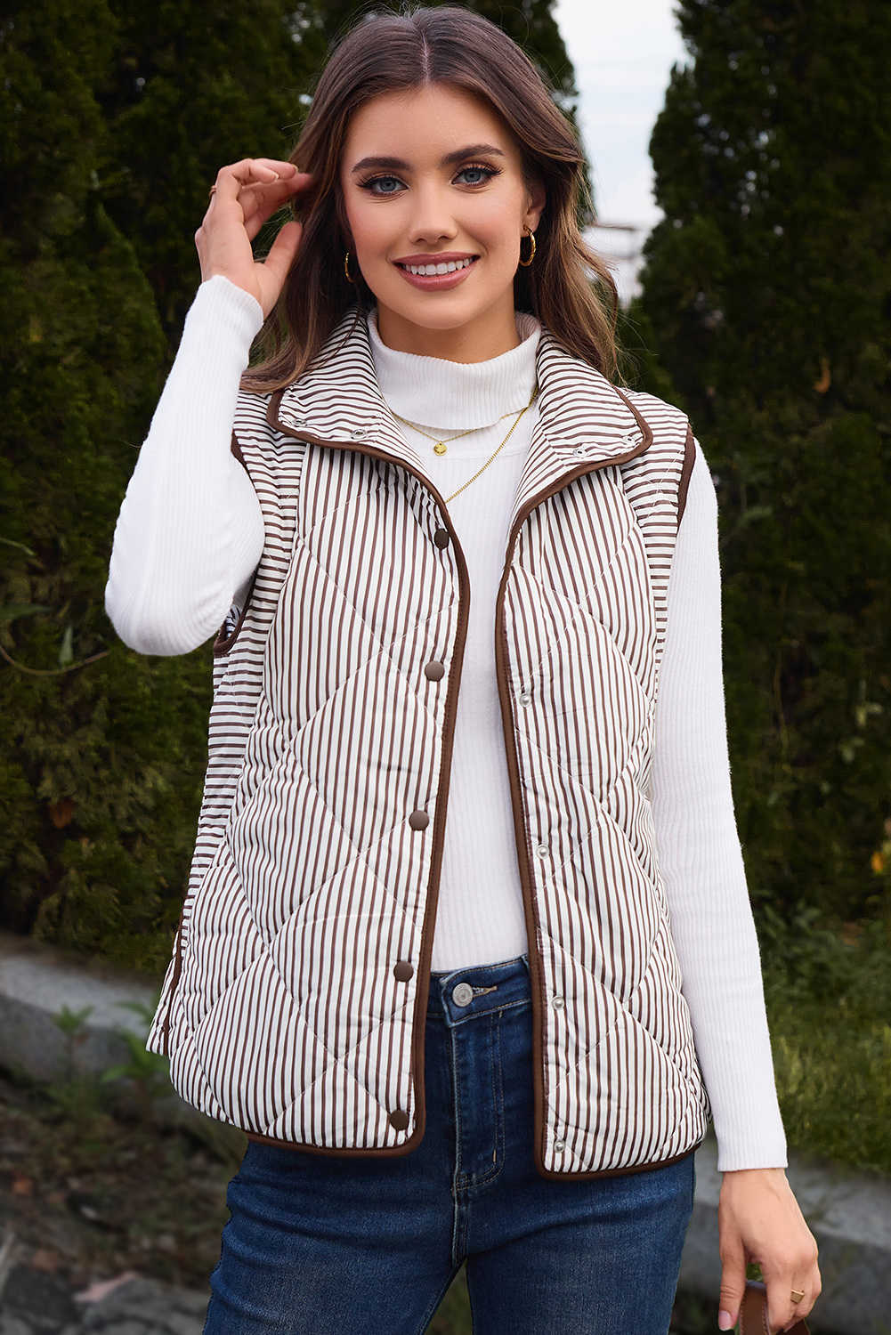 Brown Stripe Contrast Trim Snap Button Collared Winter Vest