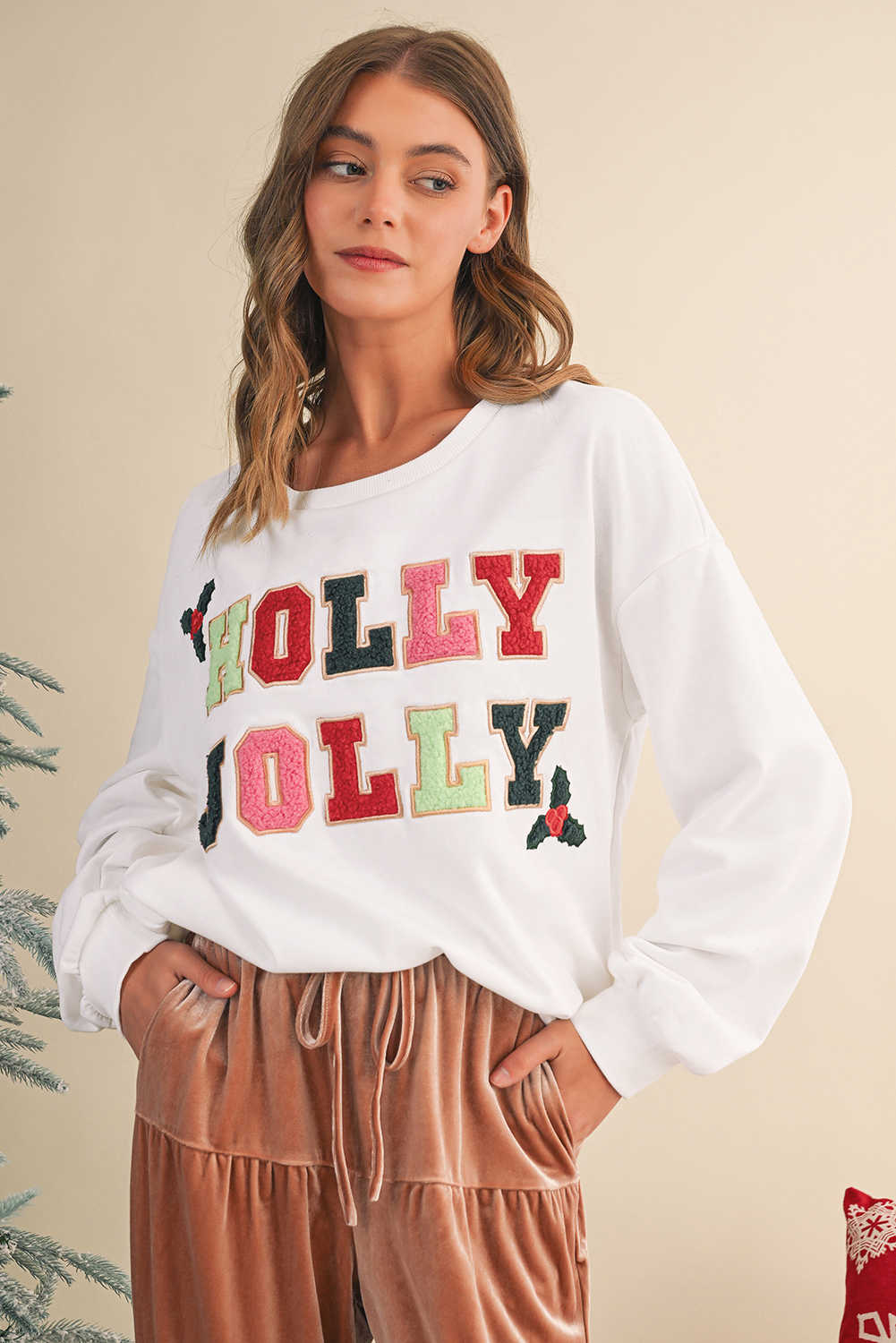 White HOLLY JOLLY Embroidered Graphic Pullover Sweatshirt