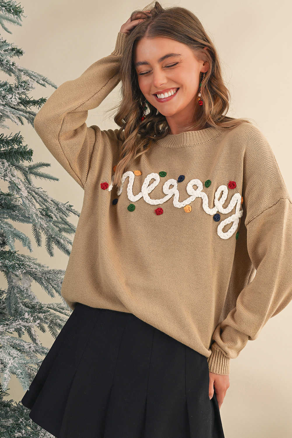Smoke Gray Merry Colorful Dot Detail Christmas Drop Shoulder Sweater