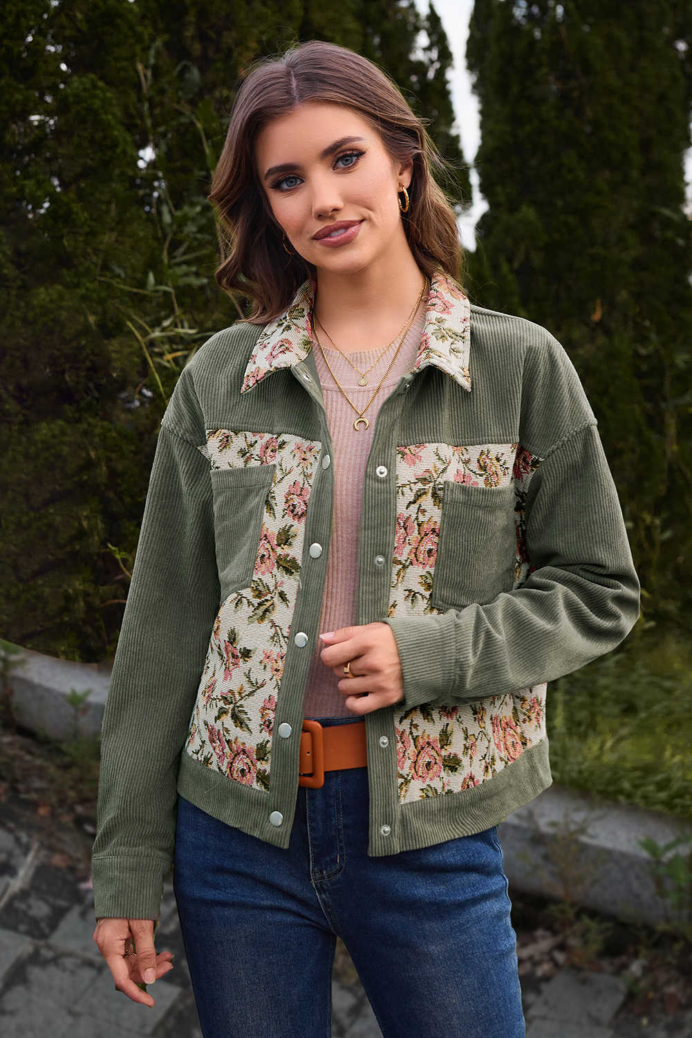 Dearlovers Sage Green Ribbed Retro Floral Patchwork Shirt Style Jacket