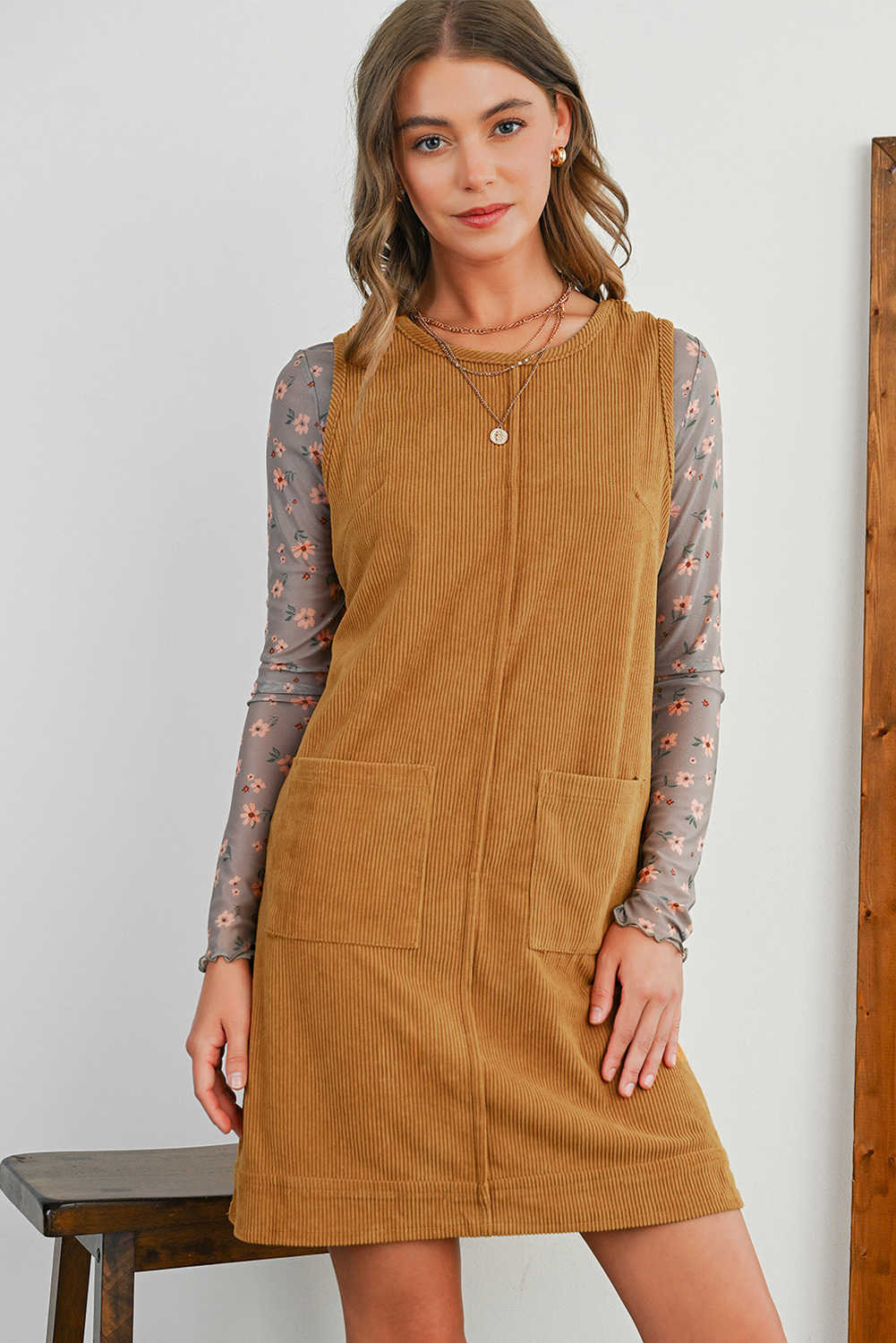 Beige Corduroy Sleeveless Mini Dress With Patched Pockets