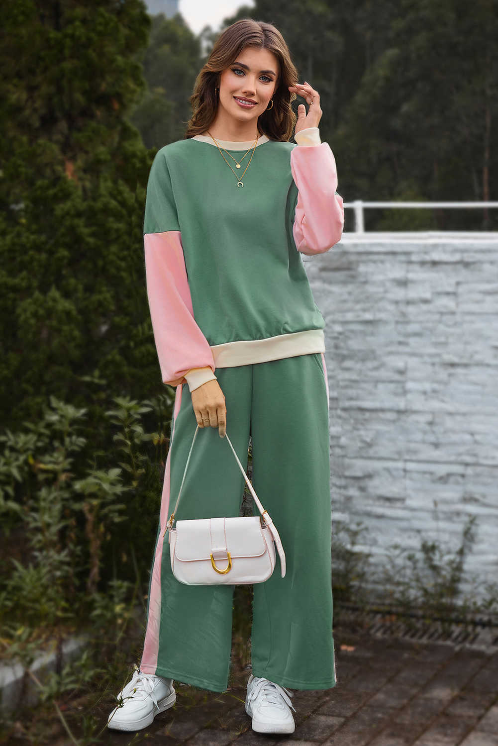 Mist Green 2pcs Color Block Pullover Loose Pant Set