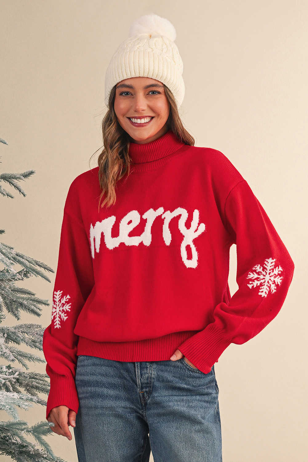 Fiery Red Merry Snowflake Pattern Christmas Turtleneck Sweater