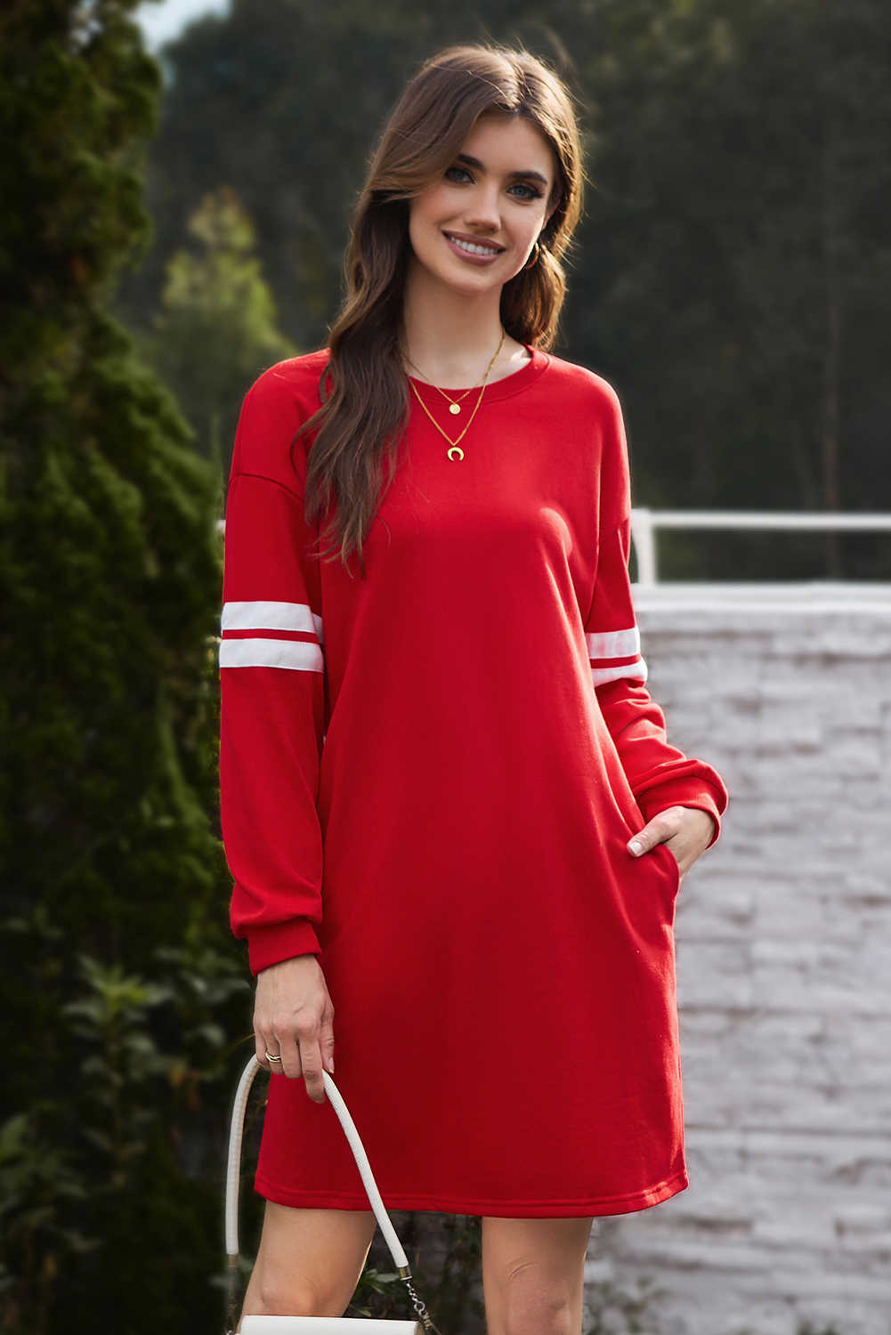 Fiery Red Varsity Contrast Banded Sleeve Shift Sweatshirt Dress