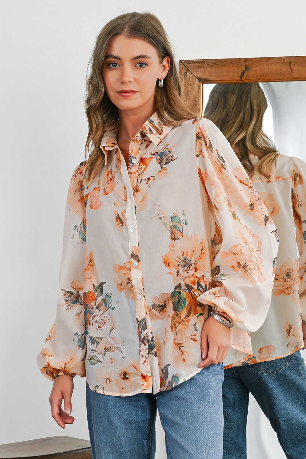 Orange Floral Puff Sleeve Lightweight Shirt