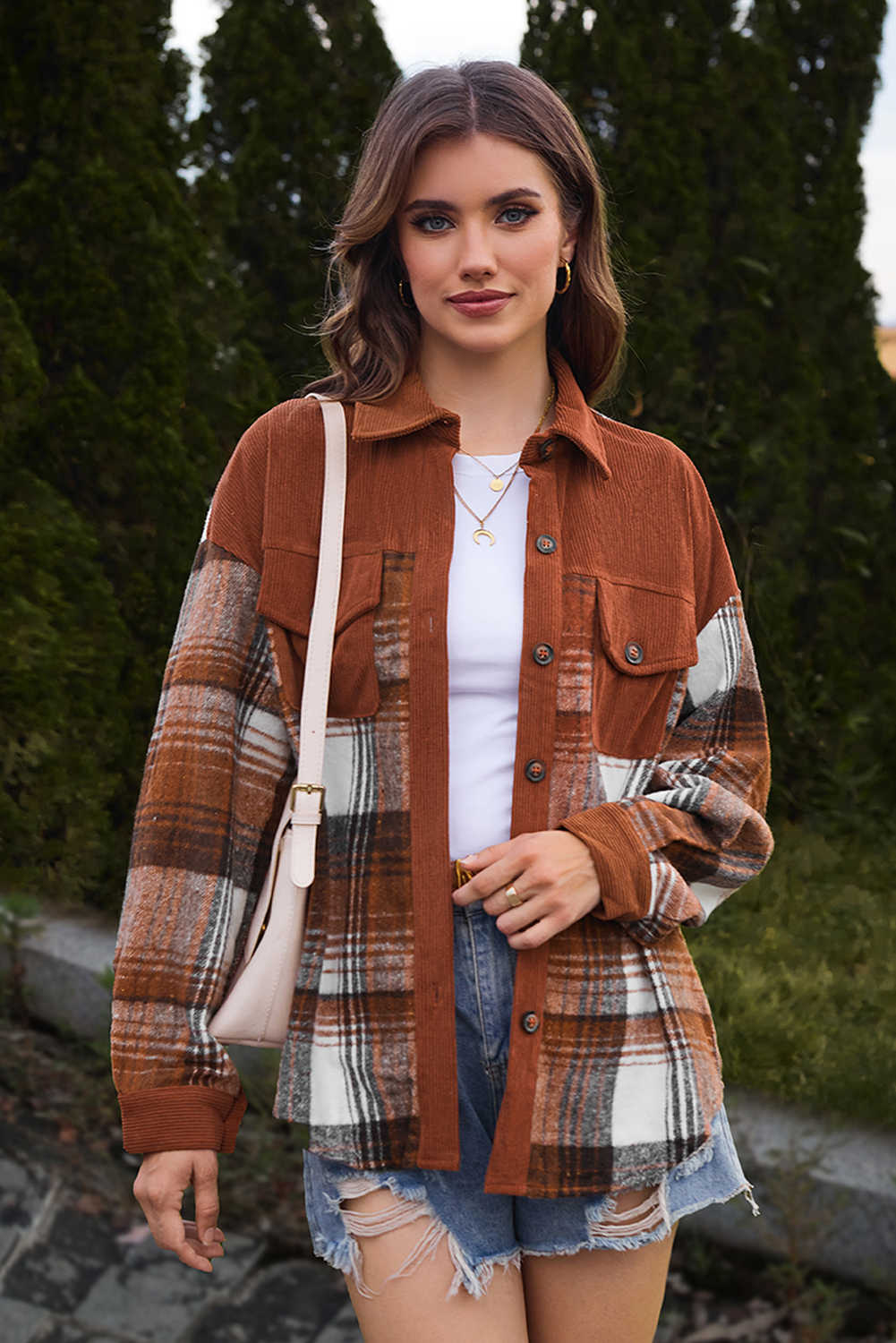 Cinnamon Plaid Corduroy Patchwork Chest Pocket Shacket