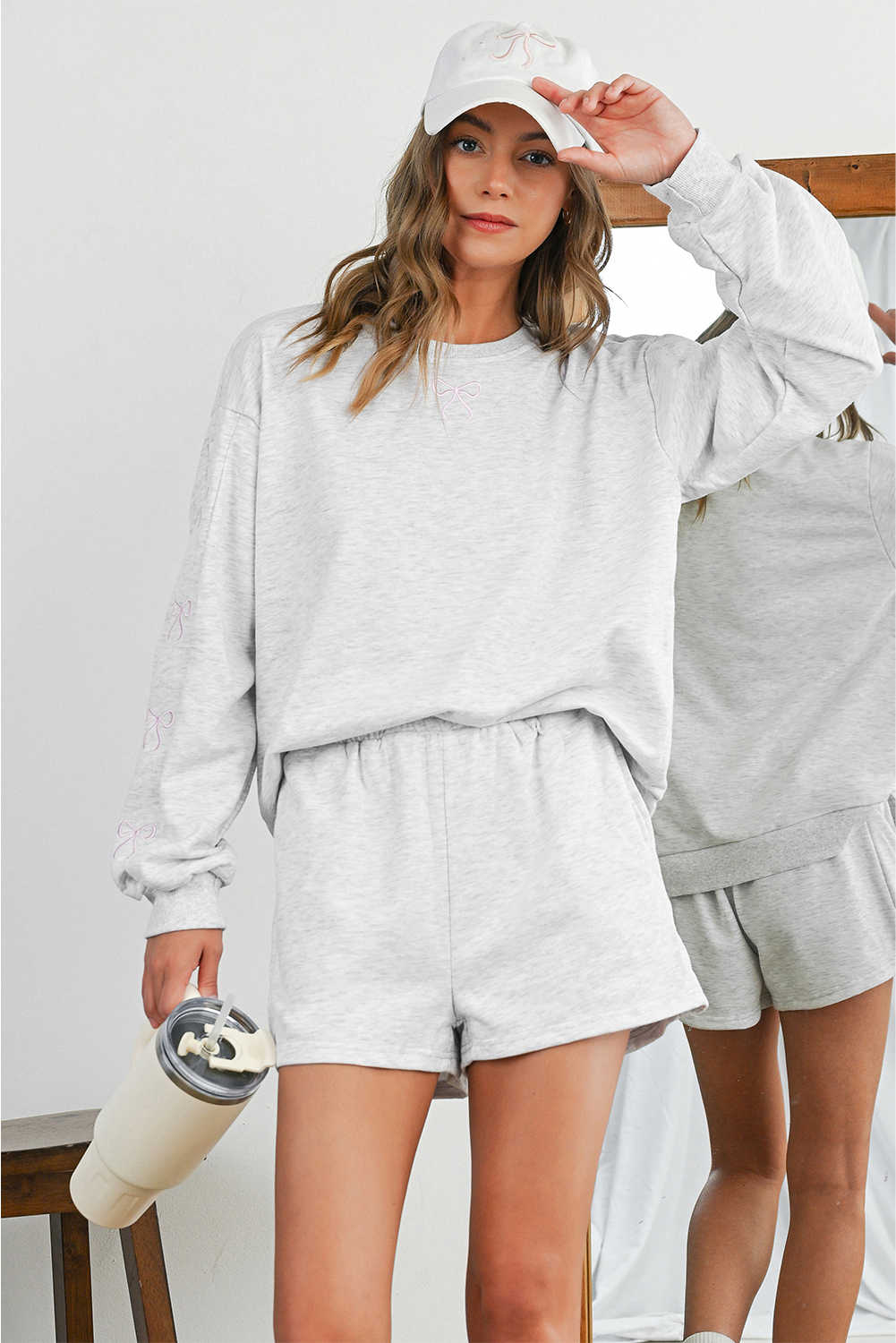 Light Grey Girly Bow Embroidered Detail Puff Sleeve Pullover 2pcs Short Set