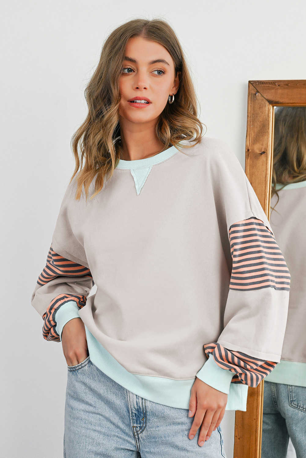 Jet Stream Striped Colorblock Patchwork Drop Shoulder Sweatshirt