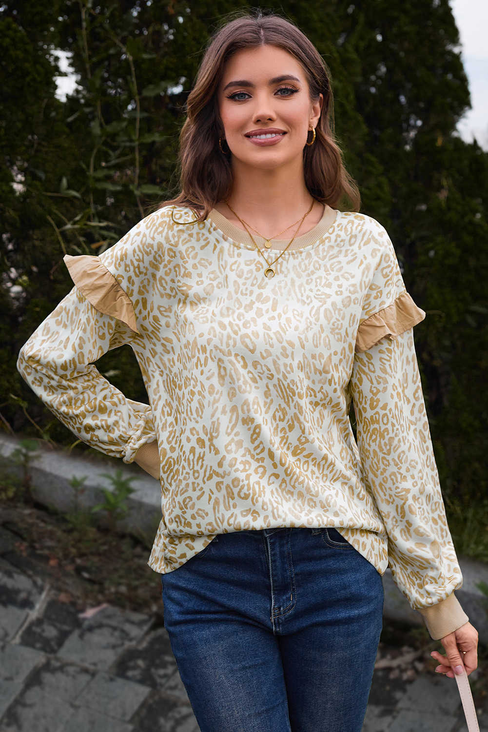 Khaki Leopard Ruffle Detail Ribbed Trim Round Neck Sweatshirt