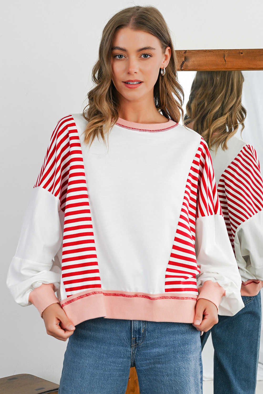 Red Stripe Colorblock Patchwork Contrast Stitching Oversize Sweatshirt