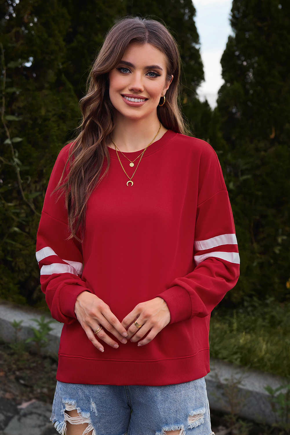 Fiery Red Varsity Striped Detail Drop Shoulder Oversized Sweatshirt