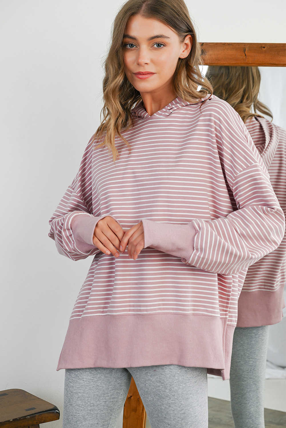 Purple Stripe Thumbhole Side Slits Drop Shoulder Loose Fit Hoodie