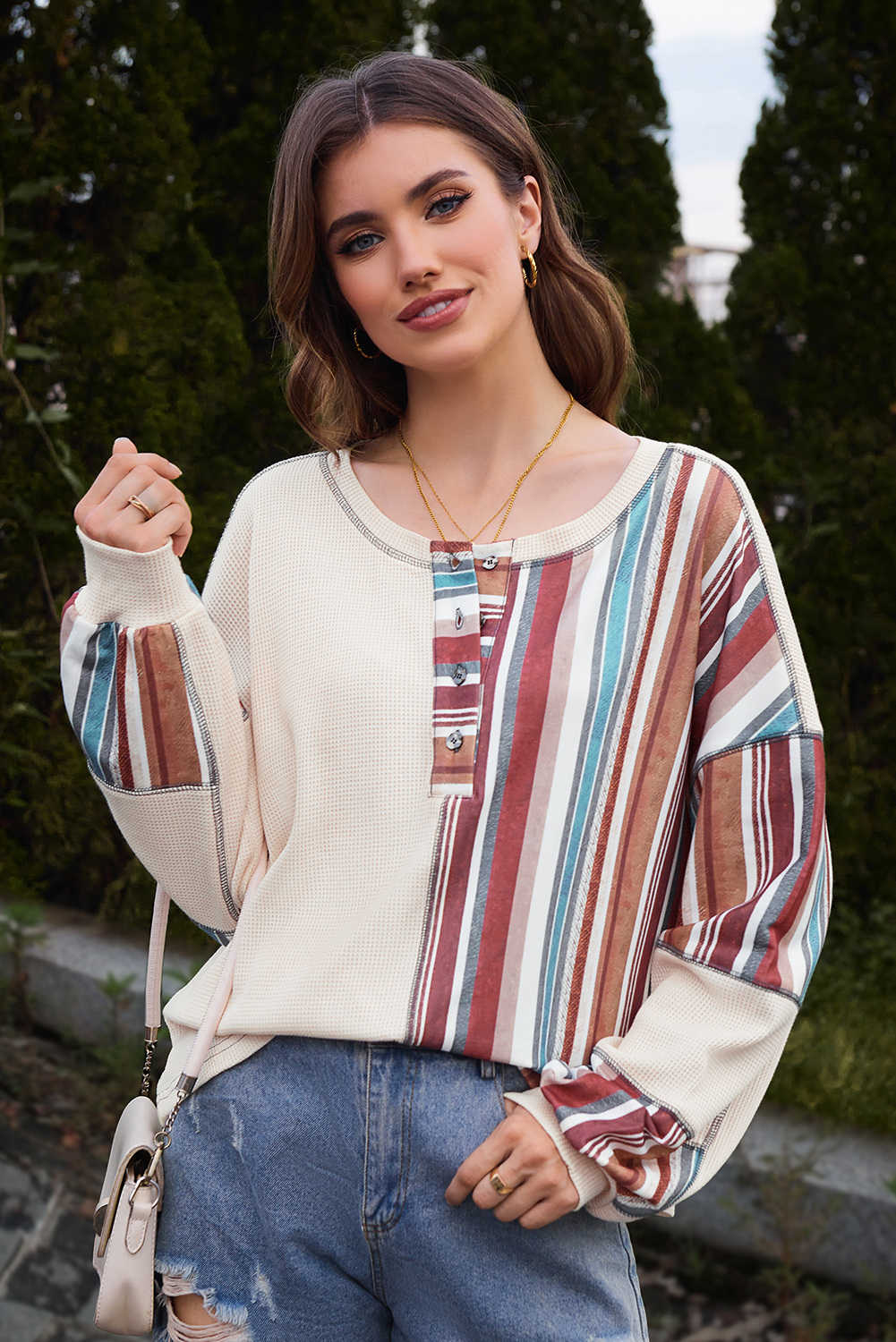 Beige Striped Waffle Patchwork Exposed Seam Raw Edge Casual Knit Top