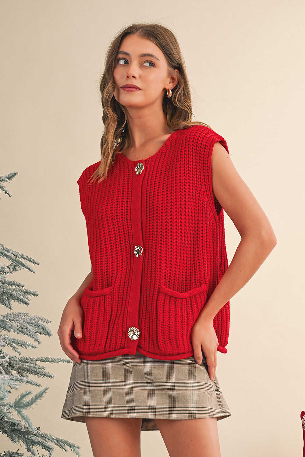 Fiery Red Solid Textured Knit Side Pockets Buttoned Sweater Vest