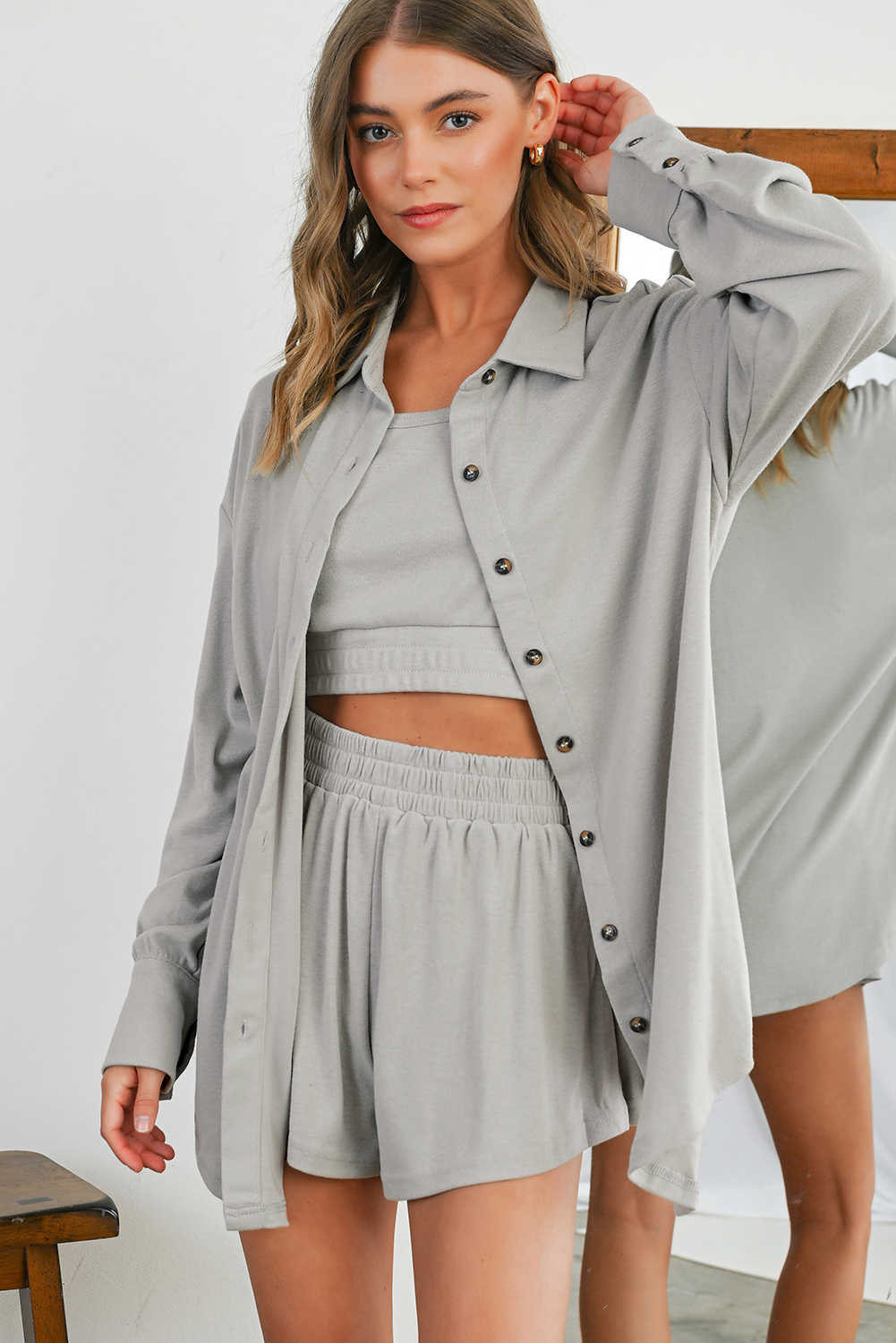 Gray 3 Pcs Crop Tank Top Shorts with Cardigan Lounge Set