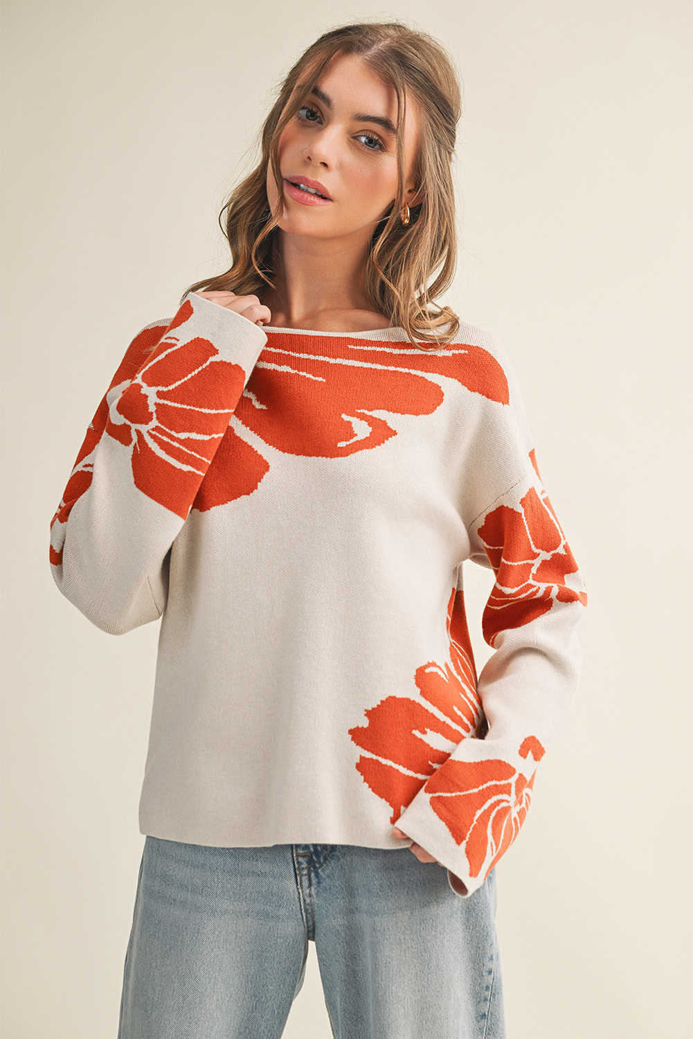 Beige Bold Flower Pattern Wide Sleeve Baggy Sweater