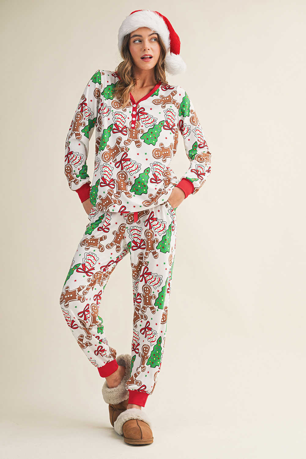 White Christmas Pattern Button V Neck Pullover Drawstring Pants 2pcs Lounge Set