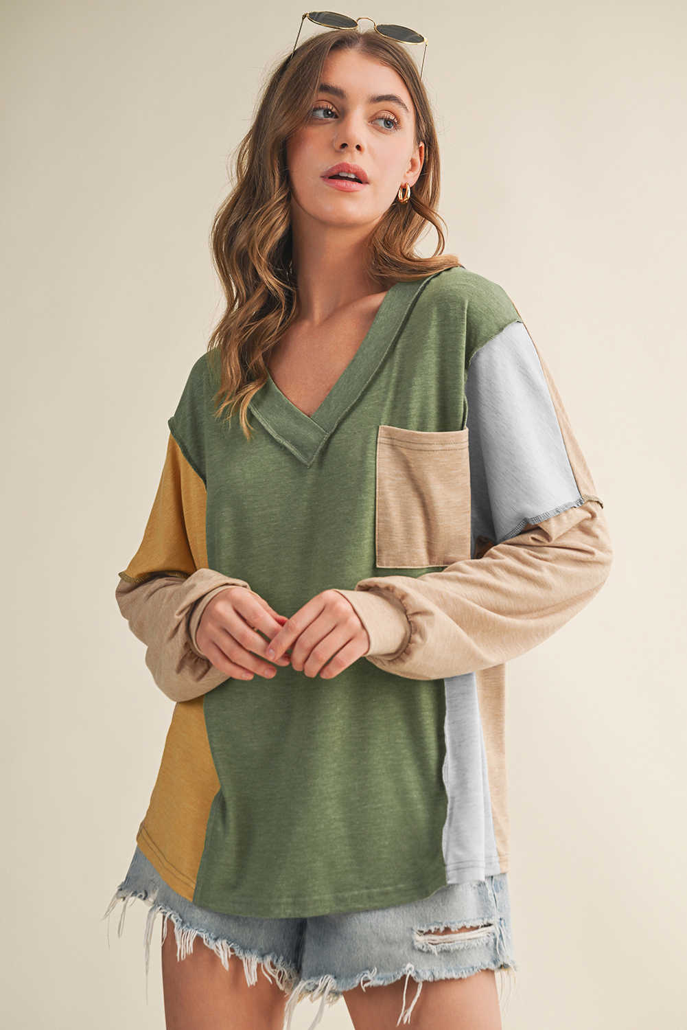 Jungle Green Exposed Stitching Colorblock V Neck Long Sleeve Top