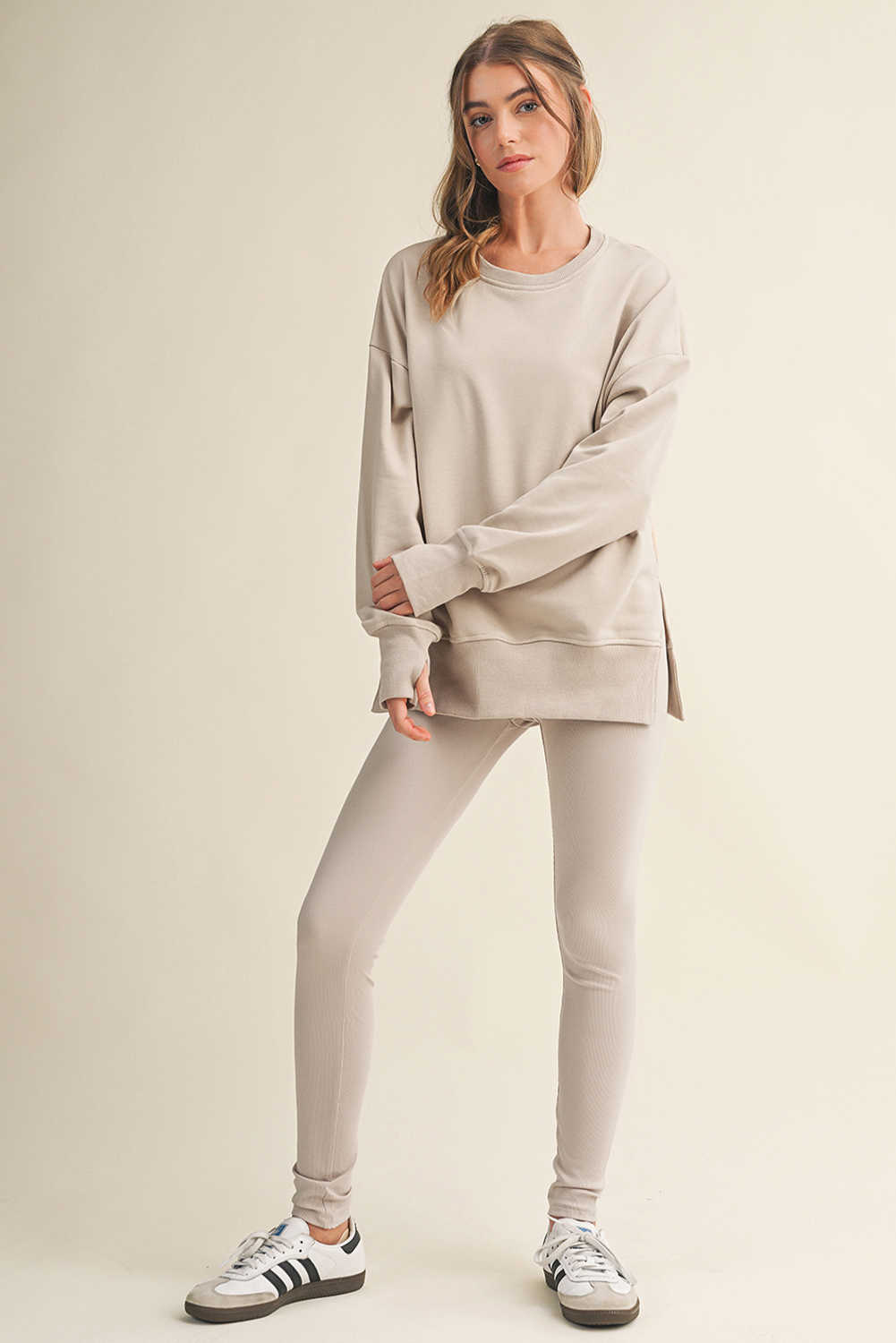 Jet Stream Solid Color Oversize Slit Sweatshirt Ribbed Leggings 2pcs Set