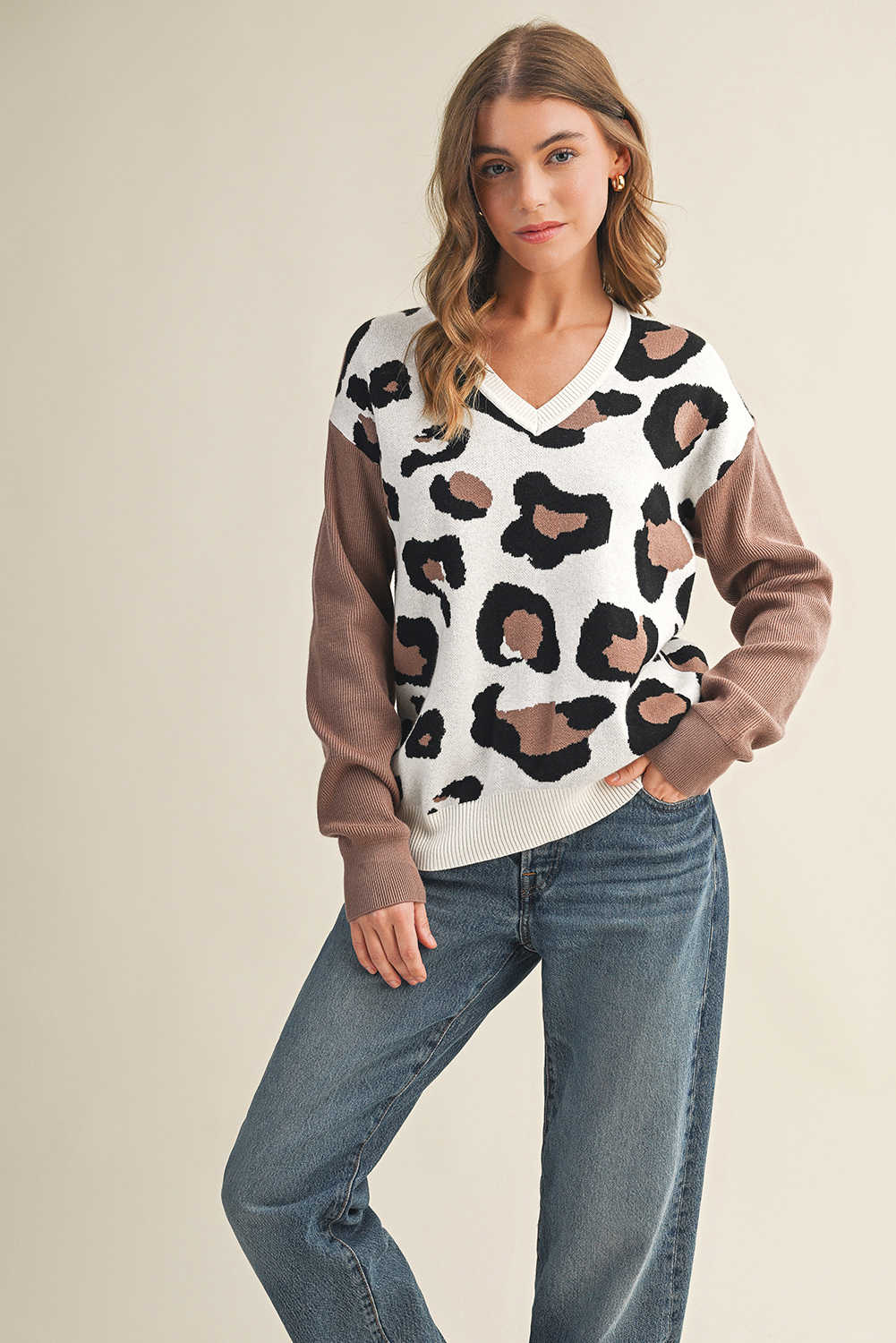 Jet Stream Leopard Print Color Block Patchwork Sleeve V Neck Sweater