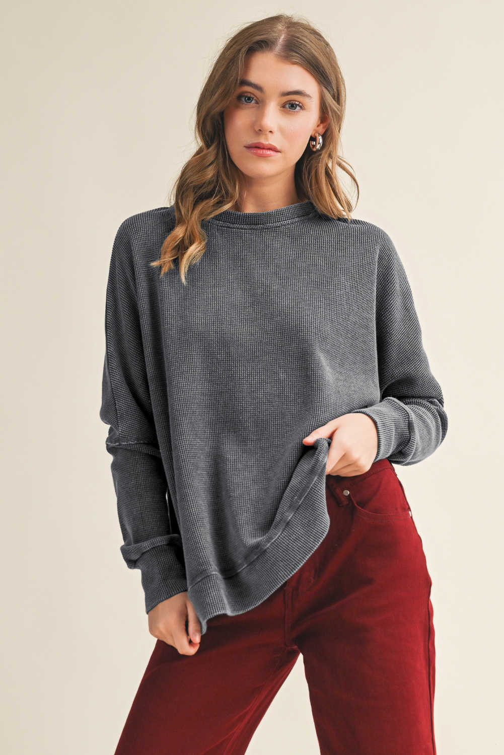 Dark Grey Waffle Knit Patchwork Long Sleeve Loose Top