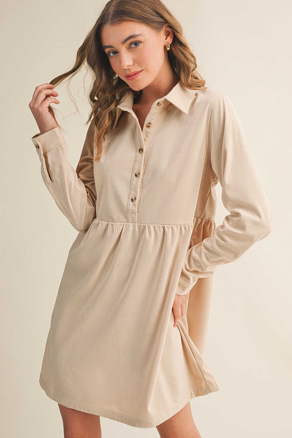 Dearlovers Oatmeal Corduroy Half Button Collared Long Sleeve Mini Dress