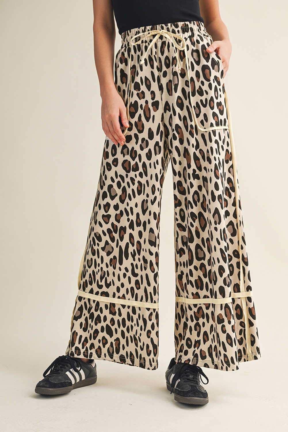 Khaki Leopard Wide Leg Cropped Pants