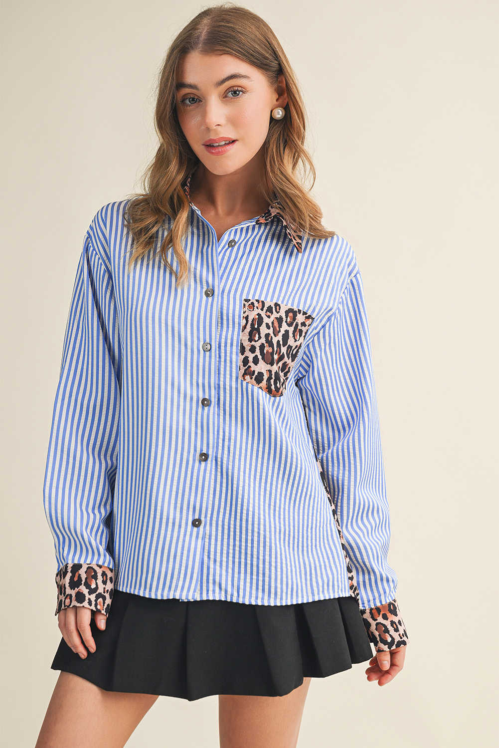Sky Blue Striped Leopard Print Patchwork Button Up Womens Shirt