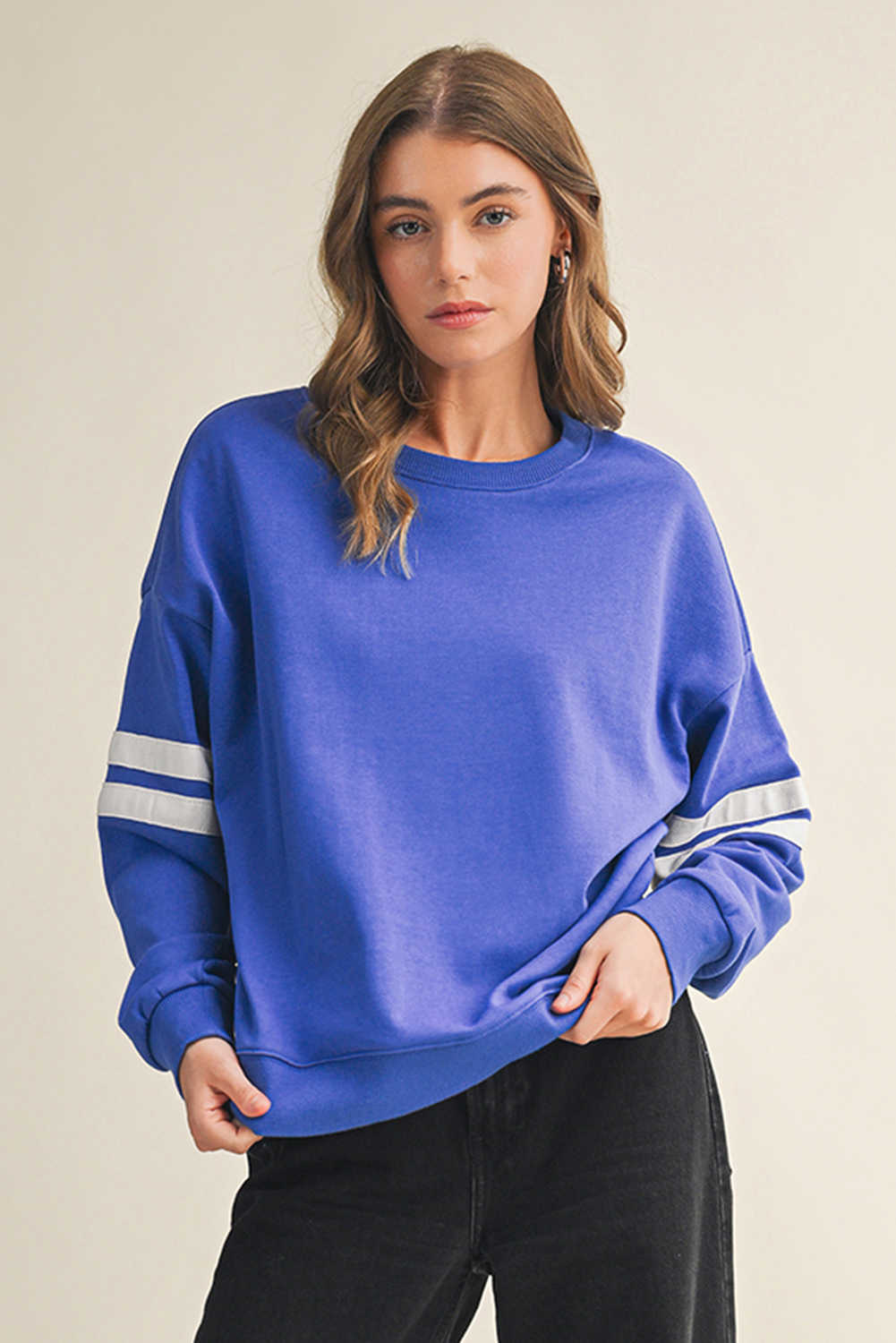 Sky Blue Varsity Striped Detail Drop Shoulder Oversized Sweatshirt