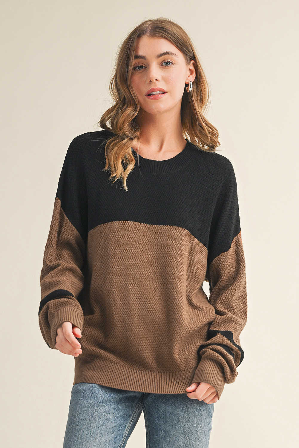 Dark Brown Color Block Knit Striped Sleeve Detail Casual Sweater