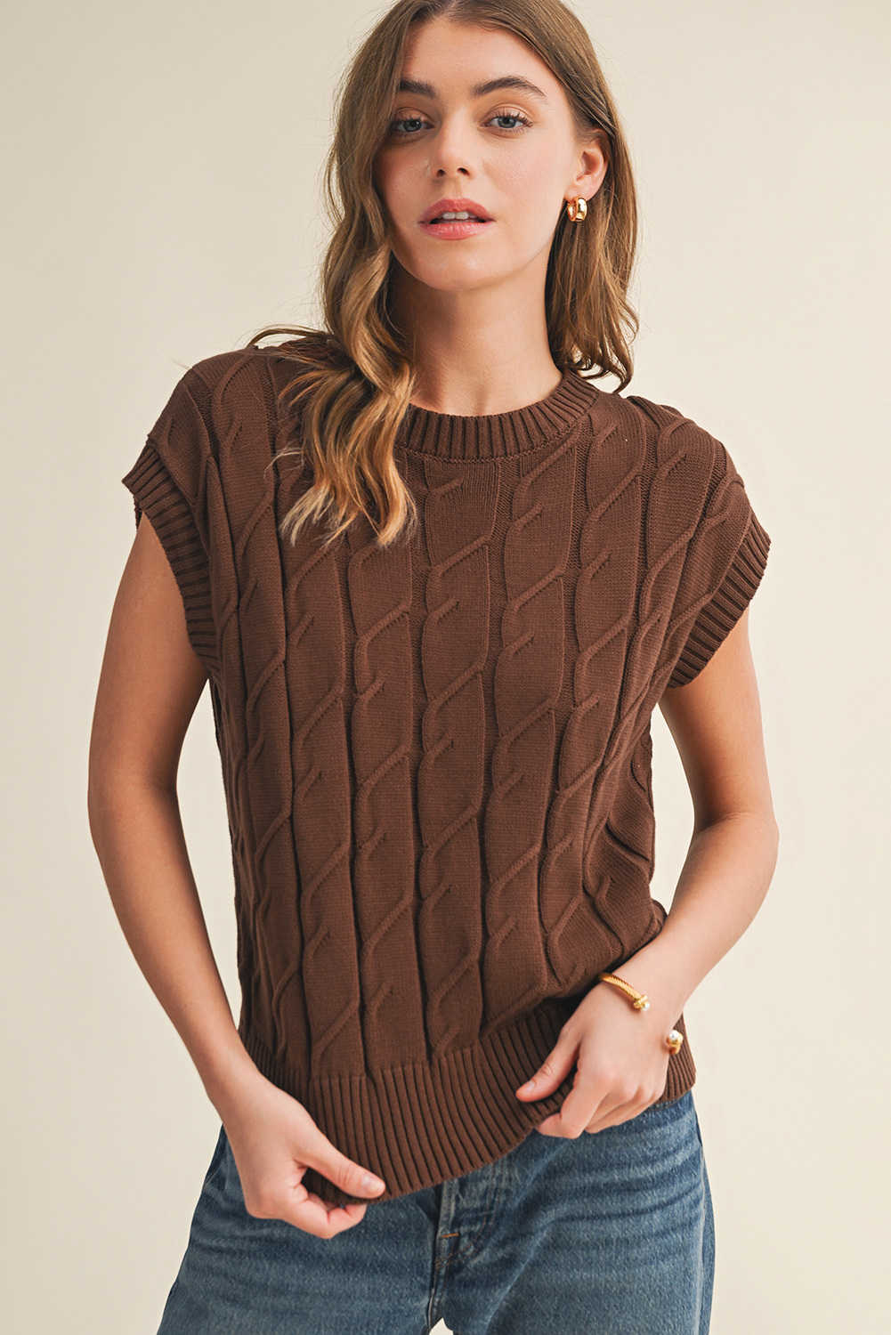 Dark Brown Cable Texture Crew Neck Short Sleeve Sweater Top