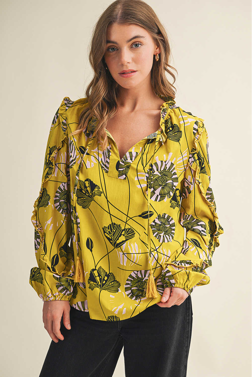 Yellow Vintage Floral V Neck Ruffle Trim Long Sleeve Blouse