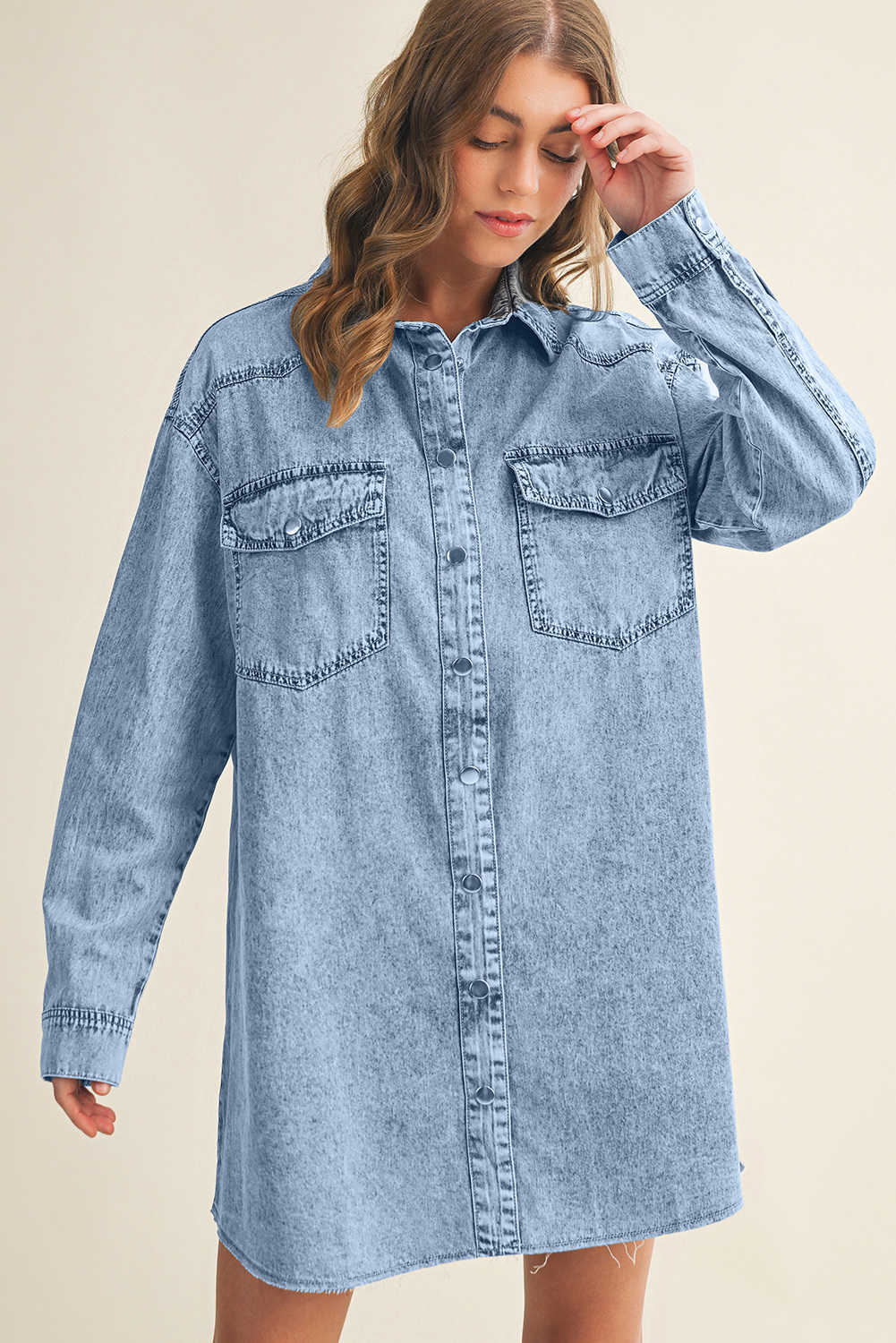 Beau Blue Chest Pocket Raw Hem Denim Loose Shirt Dress