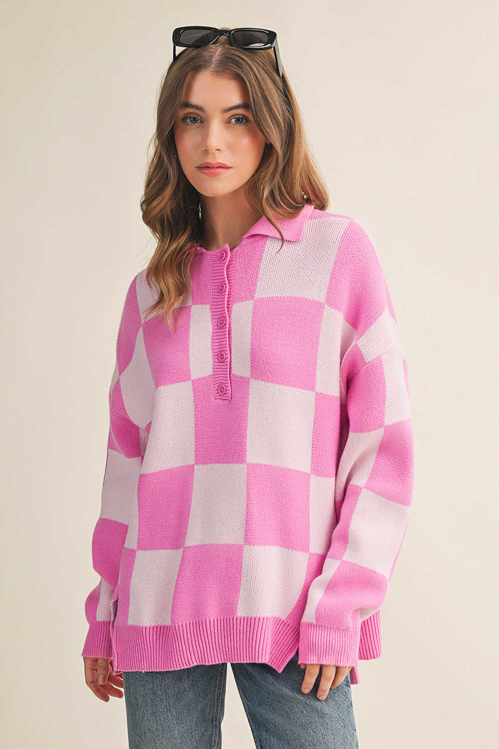 Pink Checkerboard Half Button Collared Drop Shoulder Sweater