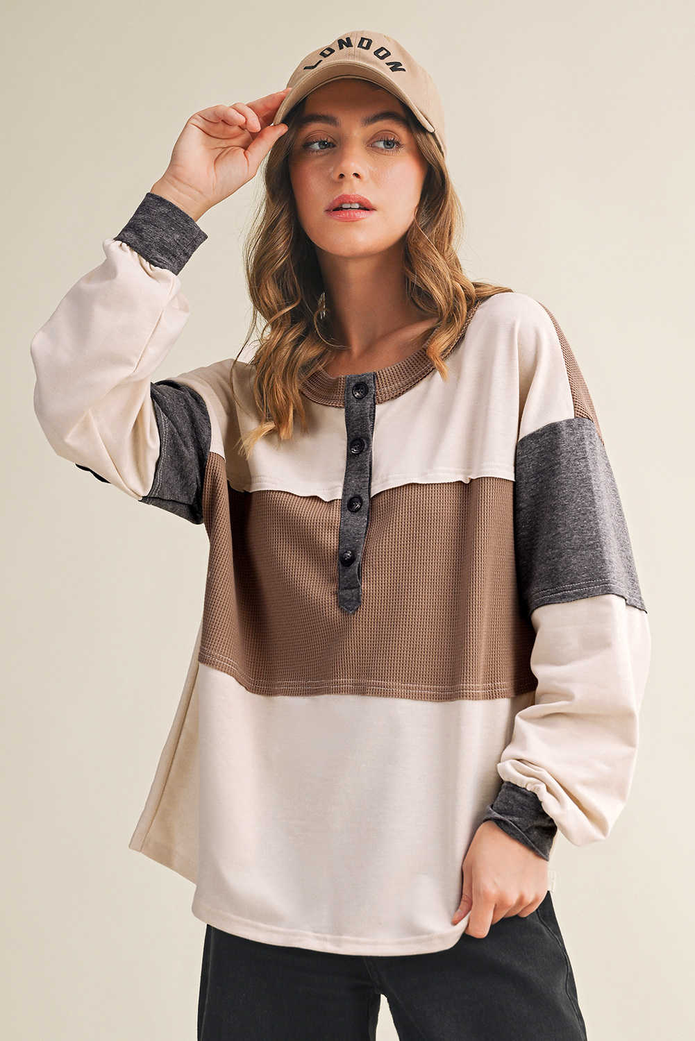 Jet Stream Color Block Waffled Patchwork Loose Henley Top